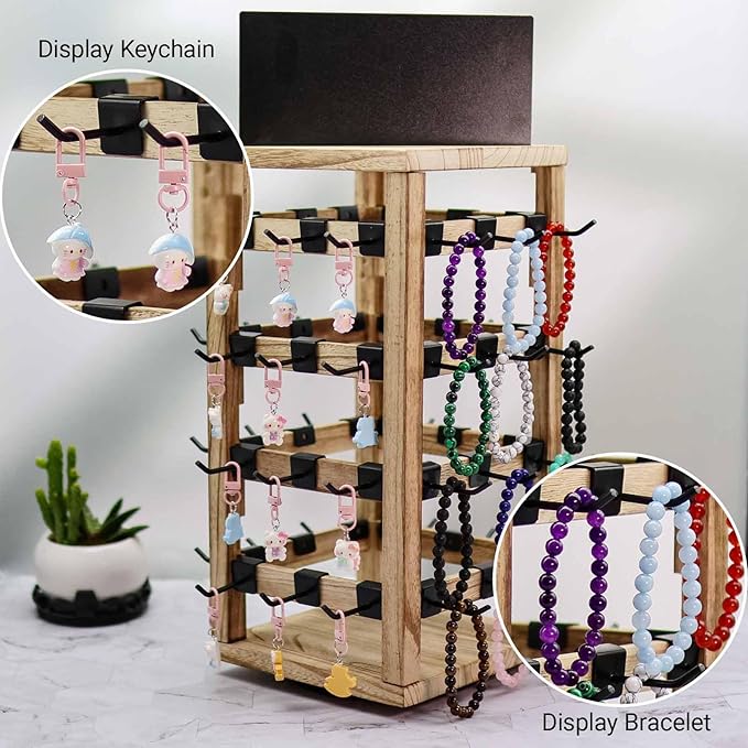 Wooden rotating Jewelry Display Stand with Removable 48 Hooks advertising board, For Earring Cards necklace bracelet Keychain Jewelry Organizer For Selling For vendor events (brown)