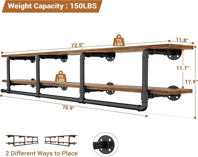 Aheaplus Industrial Pipe Clothes Rack with Top Shelf, 73In Space-Saving Wall Mounted Clothing Rack, 2 Tiers Heavy Duty Pipe Clothing Shelves with Hanging Rod for Laundry Room, Closet, Rustic Brown