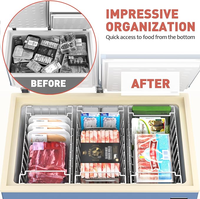 Goovilla Freezer Organizer Bins with Foldable Handle, 8 Pack Stackable Freezer Baskets for 3.5-7 Cu.FT Deep Chest Freezer Organization, White Metal Freezer Storage Bins with Better Space Utilization