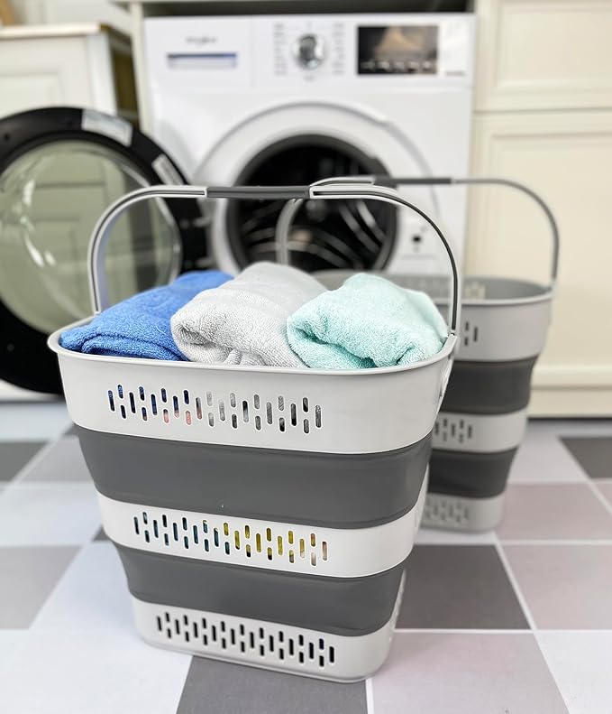 SAMMART 40L (10.5 Gallon) Collapsible Plastic Laundry Basket with Handles - Foldable Pop Up Storage Container/Organizer - Portable Laundry Hamper - Space Saving (2, Grey)