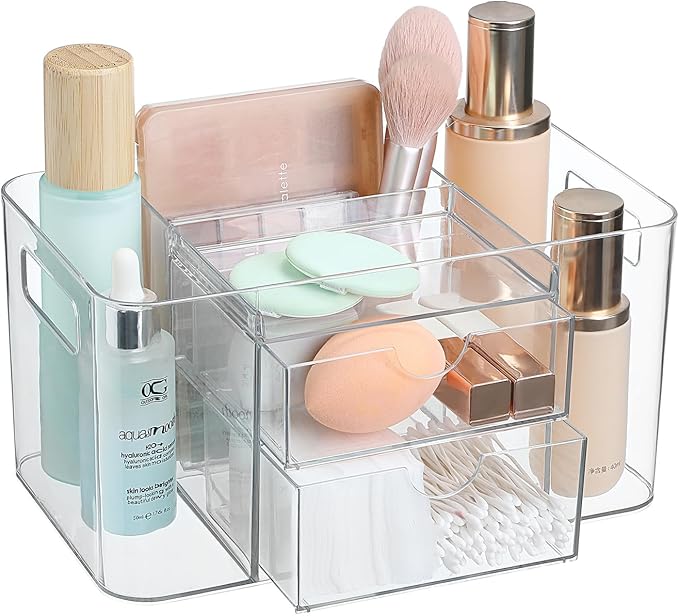 Acrylic Makeup Organizer for Countertop – 2 Drawers & 3 Compartments, Clear Storage Bin. Multi-use for Skincare, Cosmetics, Jewelry & Small Accessories, fits Vanity, Bathroom, Office, Craft