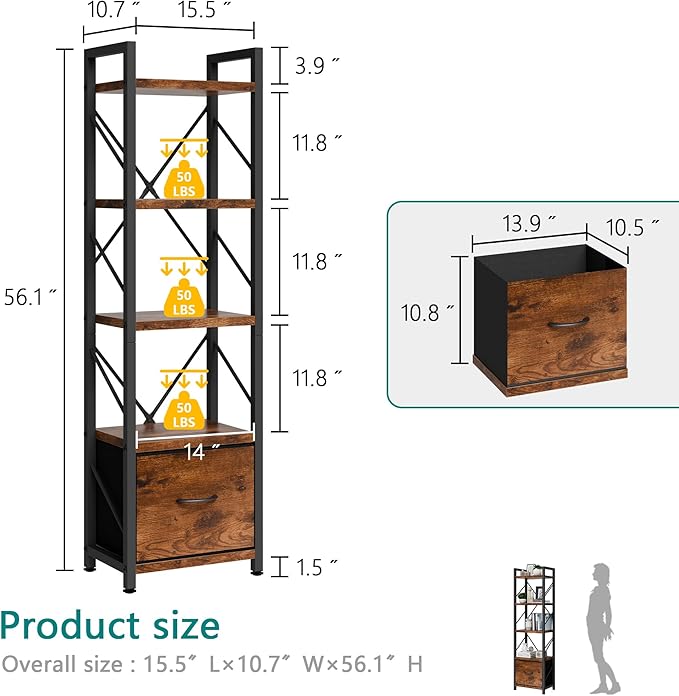Vongrasig 5 Tier Bookshelf with Drawer, Industrial Tall Narrow Bookcase, Display Shelf Modern Wood and Metal Bookshelves, Free Standing Storage Organizer for Office, Living Room