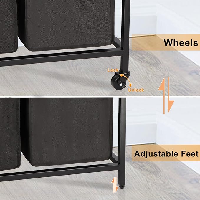 Laundry Hamper, Laundry Sorter 3 Section, Rolling Laundry Basket with Wheels, 2 Shelves, 3 × 14.5 Gal, Pull-Out and Removable Oxford Fabric Bags, for Laundry Room, Black and Rustic Brown