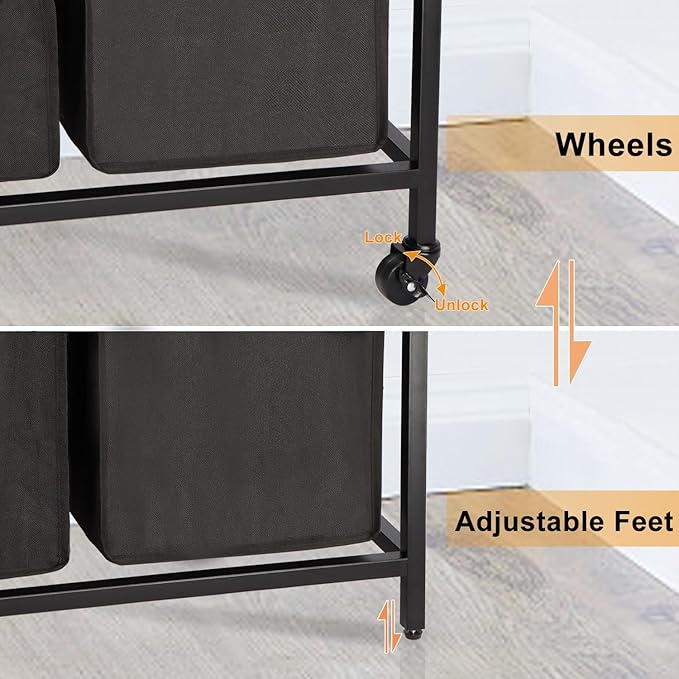 Laundry Hamper, Laundry Sorter 2 Section, Rolling Laundry Basket with Wheels, 2 Drawers, 2 × 14.5 Gal (55 L), Pull-Out and Removable Oxford Fabric Bags, Black and Rustic Brown