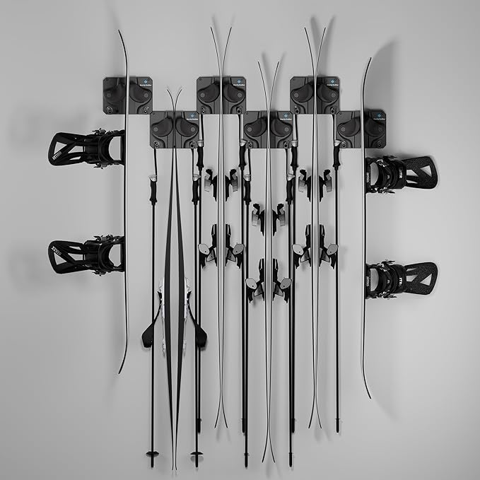 Gravity Grabber Ultimate Ski & Snowboard Wall Storage Rack - Fits any Ski or Snowboard - Save Your Rocker, Tips and Tails - Damage-free - 6x - Black