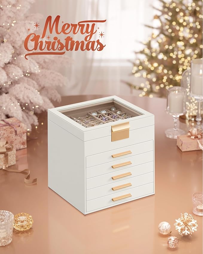 SONGMICS Jewelry Box Organizer with Glass Lid, 6-Layer Jewelry Storage, with 5 Drawers, Modern Style, Christmas Gift, 8 x 9.1 x 9 Inches, Cloud White and Gold Color UJBC176W01