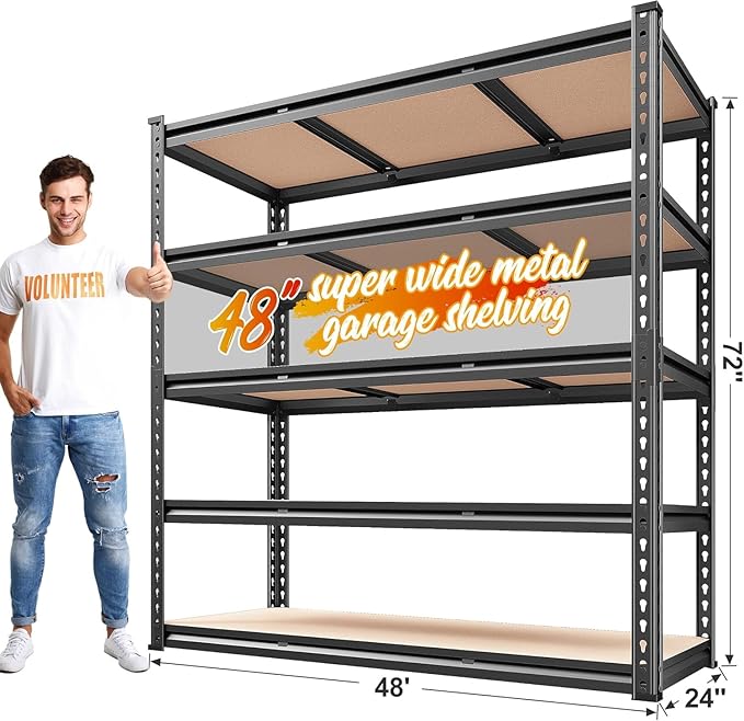 REIBII 48" W Garage Shelving 3020LBS Storage Shelves 5 Tier Heavy Duty Shelving Adjustable Garage Shelves for Basement, Warehouse, Commercial, Easy Assemble, 48" W x 72" H x 24" D, 2PC