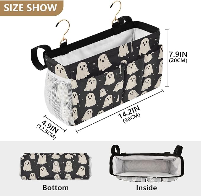 Cute Halloween Ghost Blacck Bedside Caddy for Dorm Bed Bedside Hanging Caddy Bag Iron Frame Storage Organizer Pocket for Bunk Home College Hospital Beds 2 Hooks
