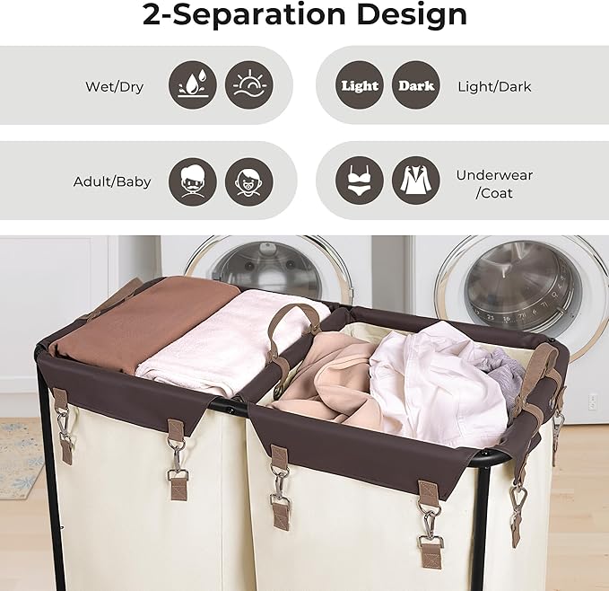 StorageWorks 280L Large Lanudry Hamper with Wheels, Laundry Basket with Wheels 2 Sections, Clothes Sorter Cart with Divider for Hotel, Home, Beige, 1-Pack