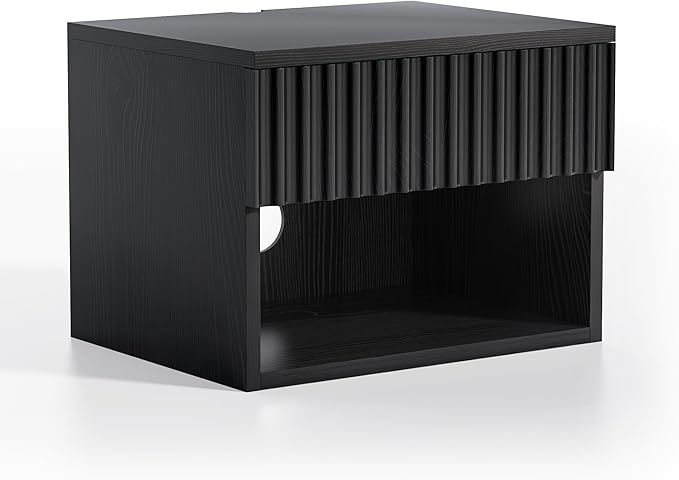 Floating TV Stands Set of 4 with Drawer and Open Shelf, Small Wall Mounted Bedside End Table, Modern Fluted Night Stand for Bedroom, Living Room, Black