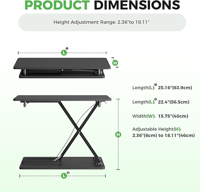 Standing Desk Converter Adjustable Height, 25.16" × 15.75" Height Adjustable Desktop Riser, No Assembly Required, Desktop Workstation for Laptop, Monitor and Office Use (Black)