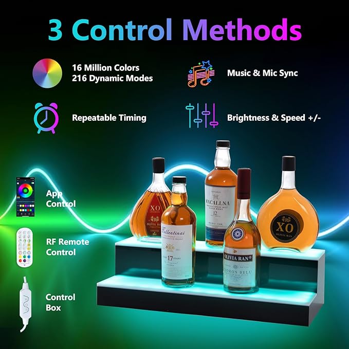 Led Lighted Liquor Bottle Display Shelf, 20 Inch 2 Tier Whiskey Rack, Support USB, Bar Stand with RF Remote & App Control, Illuminated Acrylic Lighting Shelves for Home Bar, Party