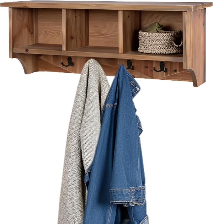 Revive Solid Wood Wall Mounted Coat Rack with 3 Cubbies and 4 Double Hooks – 36" Entryway Wall Shelf Organizer with Easy Installation for Hallway or Mudroom Storage by Alaterre Furniture (Natural)
