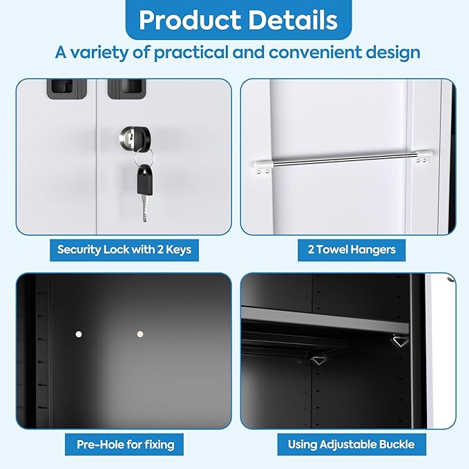 SUXXAN Broom Closet Storage Cabinet, Metal Cabinets with 13 Hooks and Hanging Rods, 71" Metal Storage Cabinet, Heavy Duty Cleaning Cabinet for Garage, Laundry Room