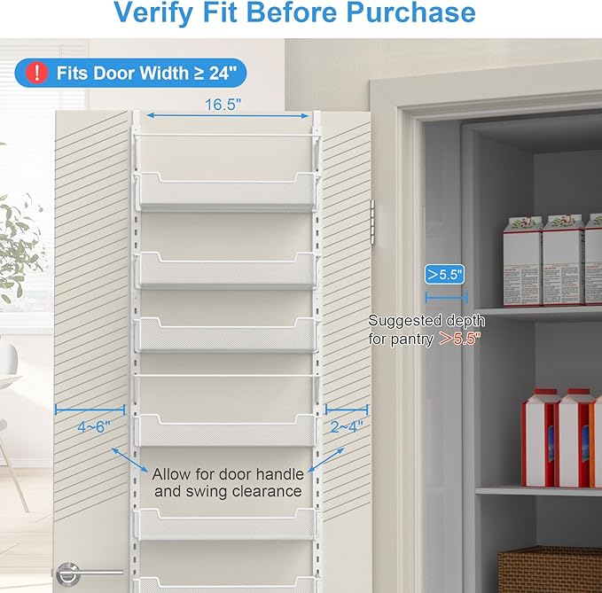 Over the Door Pantry Organizer, 10-Tier Over the Door Organizer with Adjustable Basket, Pantry Door Organization for Pantry Kitchen Storage Room Spice Rack, White