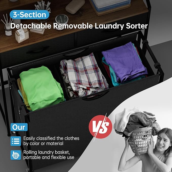 2 Tier Laundry Sorter with 3 Section Pull Out Bags Rolling Laundry Basket Organizer with 2 Drawers Laundry Hamper with Shelves and Wheels for Laundry Room, Bathroom, Bedroom Organization