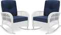 VIVIJASON 2 Piece Patio Wicker Rattan Rocker Chair, Outdoor Rattan Rocker Chair with Cushions & Steel Frame, All-Weather Rocking Lawn Wicker Furniture for Garden Backyard Porch (White/Navy Blue)