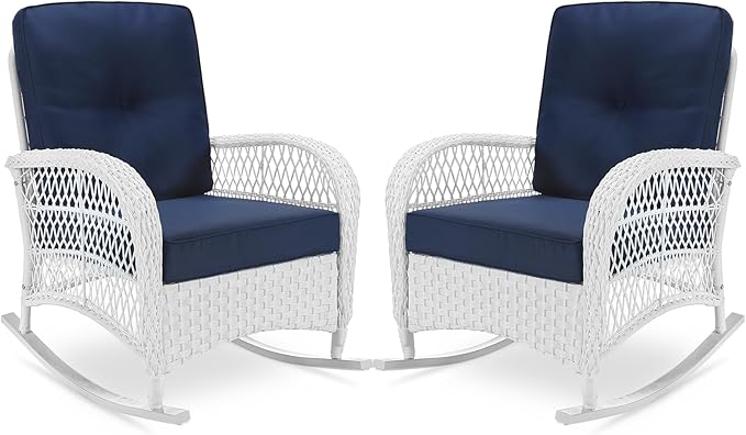 VIVIJASON 2 Piece Patio Wicker Rattan Rocker Chair, Outdoor Rattan Rocker Chair with Cushions & Steel Frame, All-Weather Rocking Lawn Wicker Furniture for Garden Backyard Porch (White/Navy Blue)