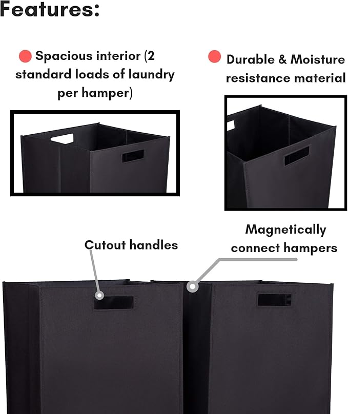 Internet's Best Collapsible Laundry Hamper - Set of 2 - Dirty Clothes Sorter with Handles - Magnetic Side - Easy Storage - Folding - Black