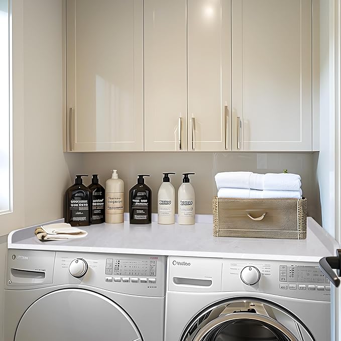 Kaboon Washer Dryer Countertop, Melamine Countertop with Edge Rails - 27.5" Depth x 54" Width Laundry Room Organization, White Rock