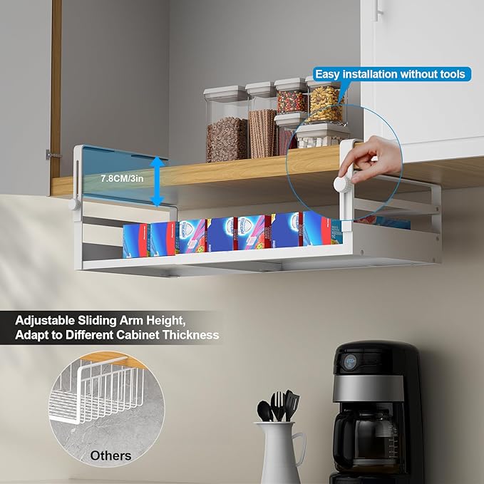 2Pack Under Shelf Basket Organizer, Adjustable Under Cabinet Shelf Storage, Hanging Holder Length Stretchable 13-21Inch for Kitchen Pantry Desk Counter Bookshelf Cupboard (White)
