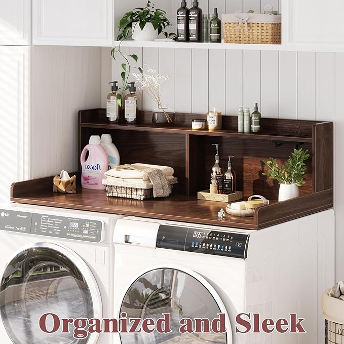 Aheaplus Washer and Dryer Countertop, 2-Tier Laundry Countertop Cover with LED Lights and Power Strip, Large Space Laundry Topper with Shelf for Laundry Room Organization, Brown