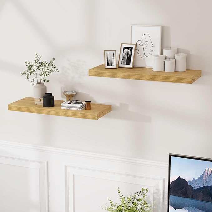 Fun Memories 24 Inch Floating Shelves for Wall 2 Pack for Bedroom|Kitchen|Bathroom, Wall Mounted Rustic Wood Shelves, 9.3 Inch deep Floating Shelf with Invisible Brackets for Books|Storage|Decor,Oak
