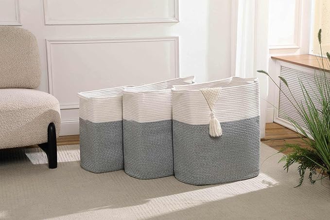 Tall Laundry Basket With Handles,Woven Cotton Rope Big Laundry Hamper Sorters,Versatile Storage for Dirty Clothes,Baby Toys,and Blankets in Bathroom, Nursery,and Living Room (Silver Gray, 80L)