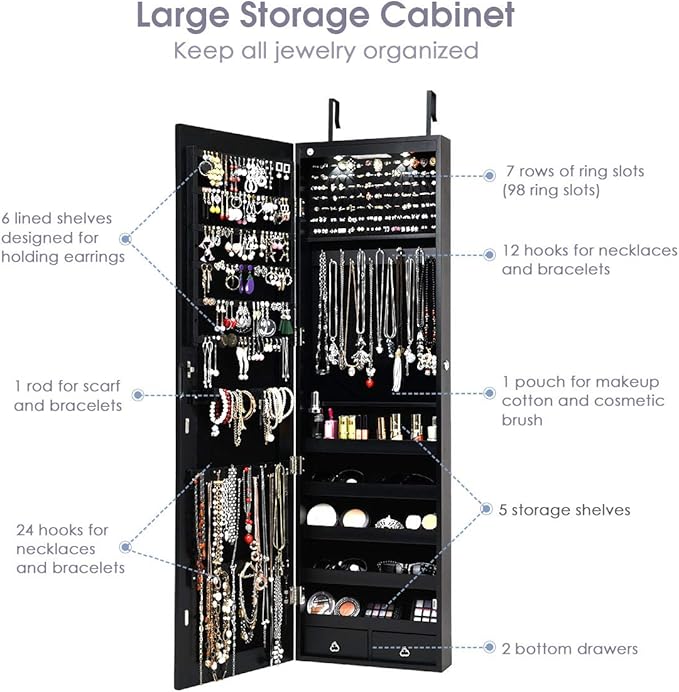 HAPPYGRILL Over the Door Jewelry Organizer, Hanging Jewelry Storage Cabinet w/Full-Length, Inner Makeup Mirror, Earring Shelves, Ring Slots, 25 Necklace Hooks, Wall Mounted Jewelry Armoire for Women