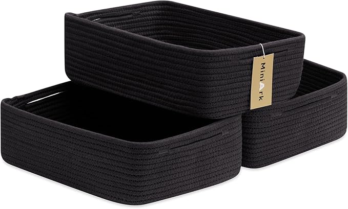 Large Shallow Organizing Baskets 15x11x5.1 Inches - Rope Woven Storage Bins for Bathroom, Shelves, Cube Closet, Black 3 Packs