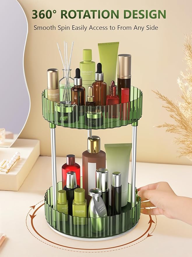 Makeup Organizer,360° Rotating Makeup Organizer,2-Tier Round Rotating Skincare Organizer Countertop,Fits Bedroom, Bathroom, Vanity Shelf Countertop(Green)
