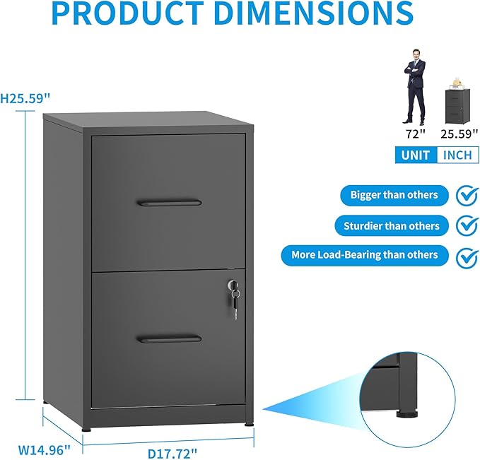 2 Drawer File Cabinet, Metal Vertical Filing Cabinet Under Desk Storage, Small Locking File Cabinets for Home Office, Easy Assemble(Black)