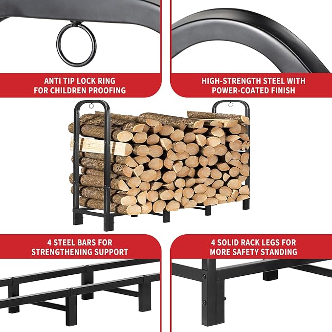 4FT Firewood Rack Outdoor with Cover, Heavy Duty Adjustable Firewood log Storage & Holder, Wood Pile Lumber Storage Rack Stacking Outside for Courtyard Patio.