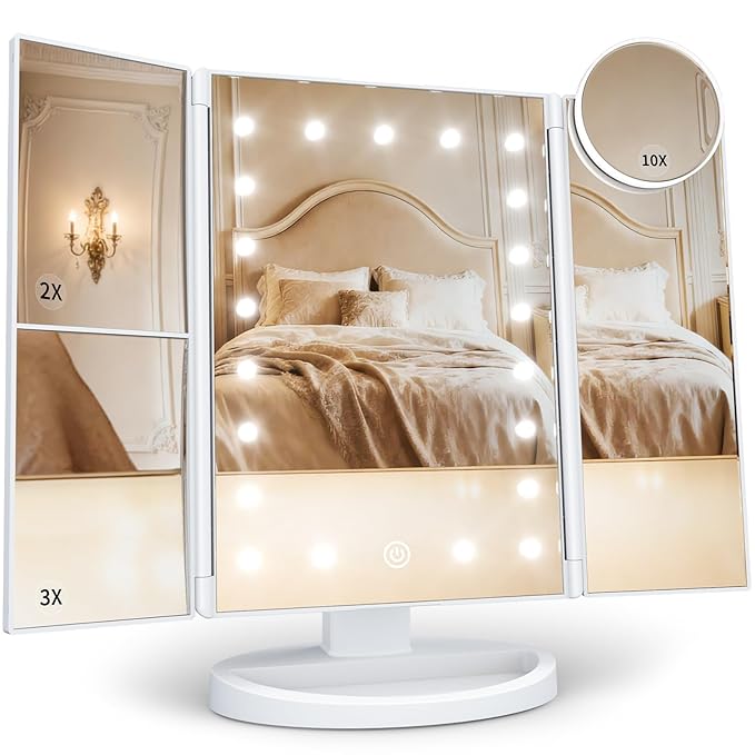 HUONUL Makeup Mirror Vanity with Lights, 2X 3X 10X Magnification, Touch Control, Trifold Mirror, Dual Power Supply, Gifts for Women, Wife, Mom, Teengirls(White)