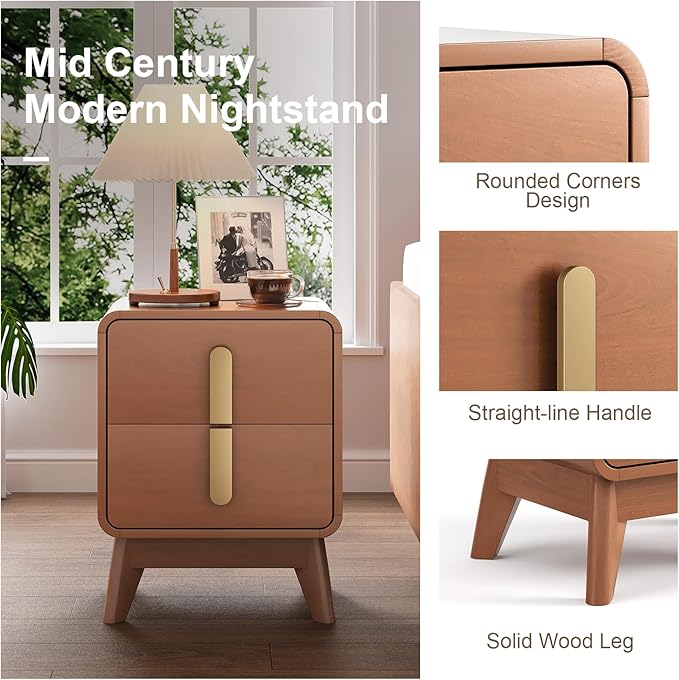 Mid Century Modern Bedroom Set, 6 Drawer Dresser and Nightstand Sets for Bedroom, Night Stand Set 2 & 6 Drawer Dresser with Gold Handles, Wood Chest of Drawers Storage Cabinet Set, Cherry