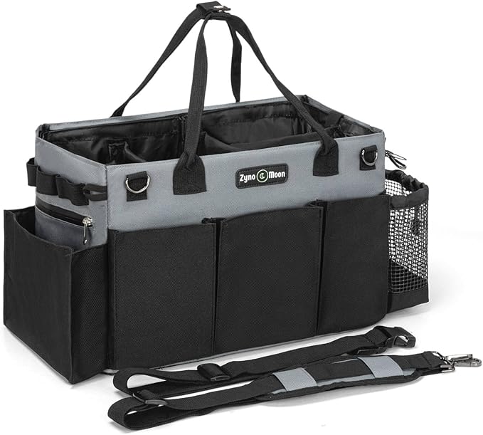Wearable Cleaning Caddy – Portable Detailing Organizer with Spill-Proof Liner, Straps & Handles – Large Tote for Cleaning Pros, Auto Detailers, and Housekeepers – Black/Gray