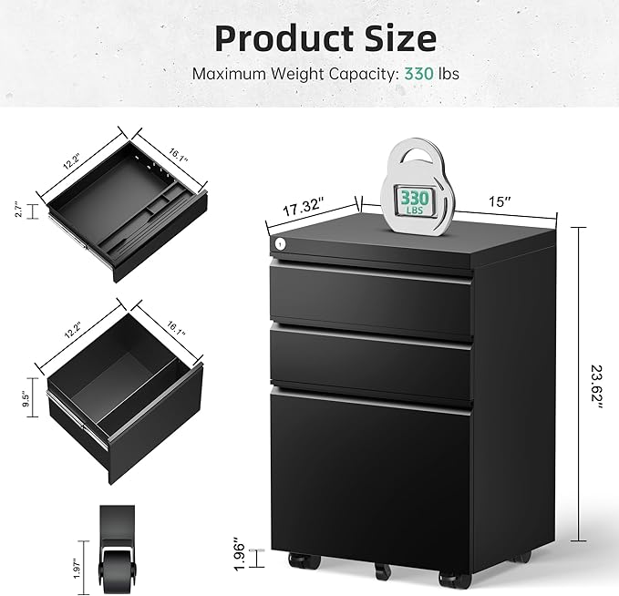 Bonusall 3 Drawer Black File Cabinet, Fully Assembled Metal Rolling Filing Cabinet with Lock, Under Desk Filing Cabinets for Home Office Fit A4/Letter/Legal