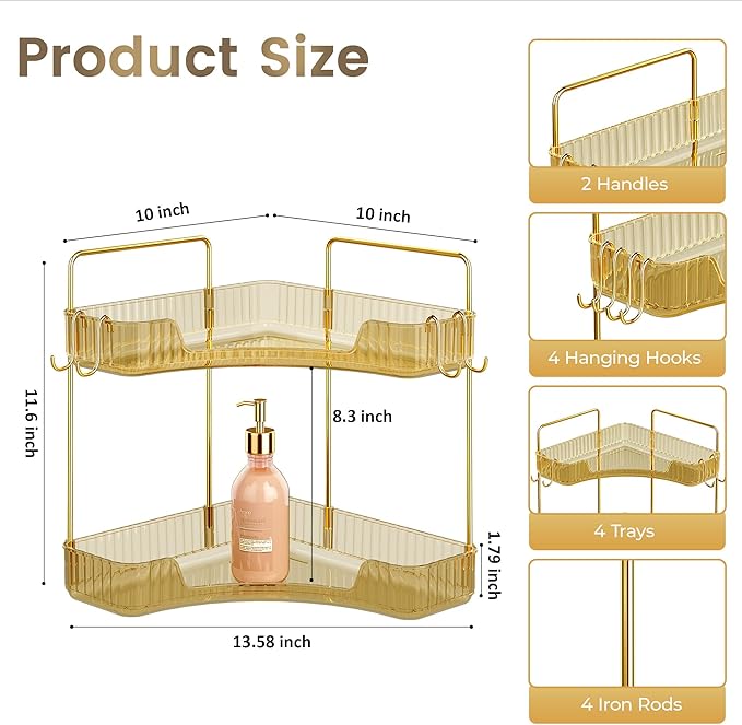 Golden Corner Counter Organizer, 2 - Tier Bathroom & Kitchen Storage Tray with Hooks | PET Vanity Organizer for Skincare, Makeup & Jewelry