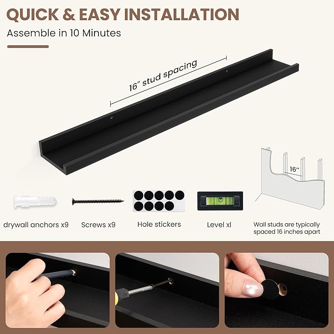 Fun Memories Picture Ledge Shelf, Black Floating Shelves Set of 4, 32 Inch Picture Shelves for Wall with Ledge, Large Nursery Book Shelf for Toys Storage, Living Room, Bedroom Decor Frames