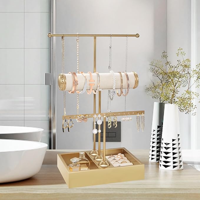 Jewelry Organizer Stand Necklace Organizer Earring Holder,3-Tier Gold Jewelry Tower Display Stand Jewelry Earring Holder Organizer Display for Necklace, Earring, Bracelet, Ring