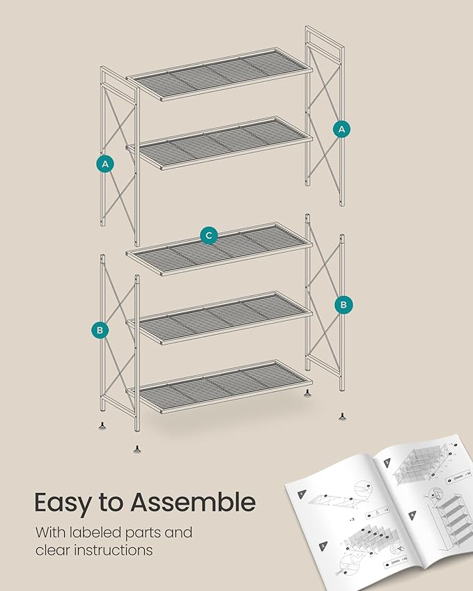 SONGMICS 5-Tier Metal Storage Rack, Shelving Unit with X Side Frames, Dense Mesh, 12.6 x 31.5 x 57.3 Inches, for Entryway, Kitchen, Living Room, Bathroom, Industrial Style, Cloud White UBSC185W01