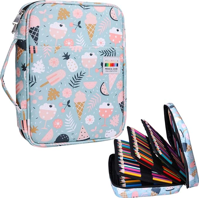 JAKAGO 220 Slots Colored Pencil Case Large Capacity Pen Holder for Artist Painter Zipper Organizer Bag for Marker Highlighter Storage Case for Office Sketch Travel Supplies (Ice Cream)