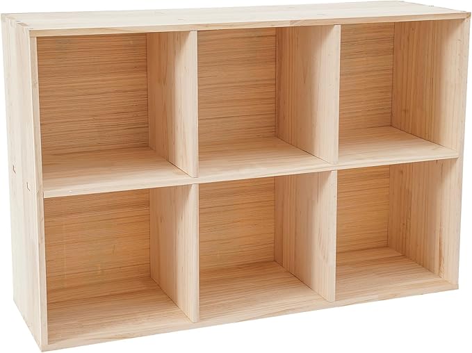 Wooden Cube Shelf Bookcase,Solid Wood Shelves with 6 Compartments and 3 Fabric Baskets,Open Bookcase Cube Shelf Storage Organizer for Bedroom, Living Room, Office, Study Room