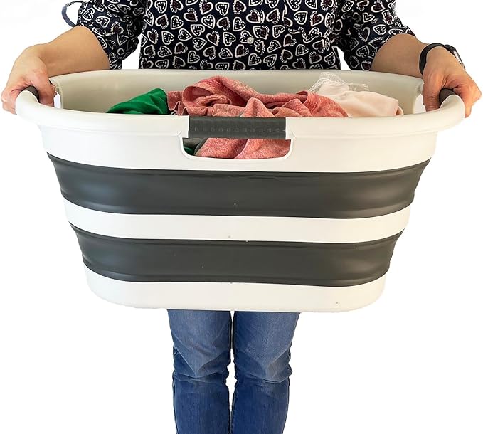 SAMMART 40L (10.5 gallon) Collapsible Plastic Laundry Basket - Foldable Storage Container- Portable Washing Tub - Space Saving Hamper (1, Grey/Washed Black)