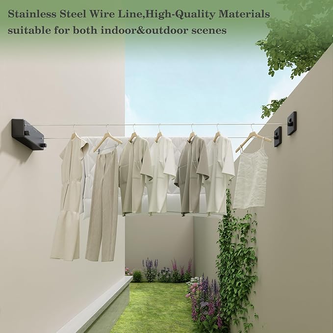 Danpoo Retractable Clothesline Outdoor Heavy Duty, 2x13.8ft Stainless Steel Double Clothes Line for Outdoors - for Patio/Backyard/RV Wall Mounting(Black)
