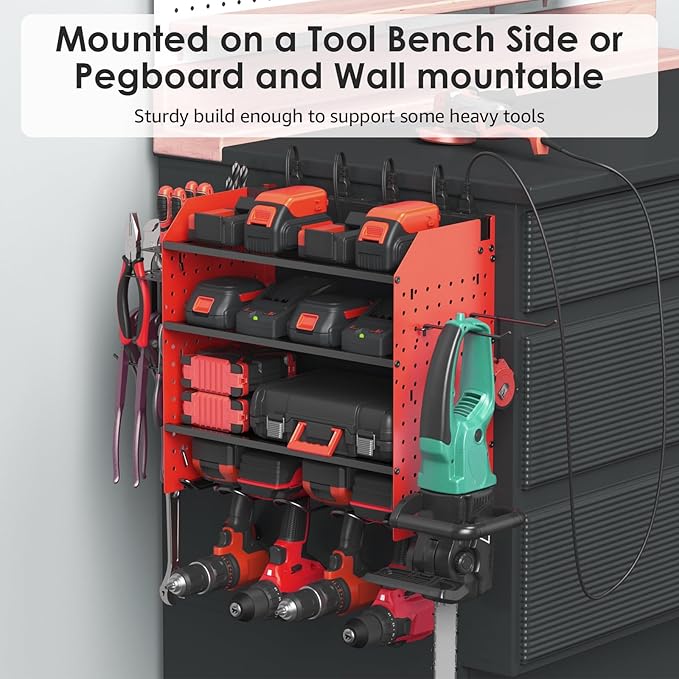 CCCEI Modular Pegboard Rack Power Tool Organizer with Charging Station. 4 Layer Wall Mount Drill Holder, Red Tool Battery Charger Organizer. Garage Shop Storage Utility Shelf with Power Strip.