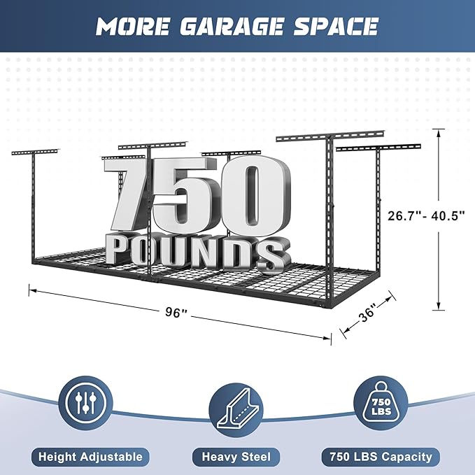 3X8FT Overhead Garage Storage Rack, 22"-48" Height Adjustable Garage Ceiling Storage Racks, Heavy Duty Metal Overhead Storage Organizer System, 750LBS Weight Capacity