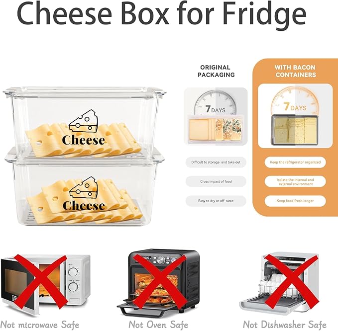 Cheese Container Airtight with Draining Basket Cream Cheese Sliced Cheeses Box with Lid Saver for Fridge Cheeses Keeper Cream Block Shredded Storage Box Saver (Clear)