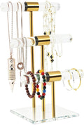 T-Bar Tangle-free Necklace and Jewelry Display Stands, 3-Tier Acrylic Bracelet Holder Stand, Clear Gold Jewelry Organizer with Stainless Rod, Women Vendors Retail Store Counter Bangles Display Stand