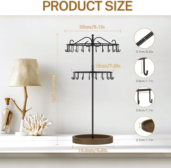 iDavosic.ly 2 Tier Rotating Necklace Holder Organizer with Wooden Jewelry Tray, Adjustable Metal Bracelet Display Stand with 42 Hooks, Extra Tall Keychain Spinning Tree Tower for Women, Black